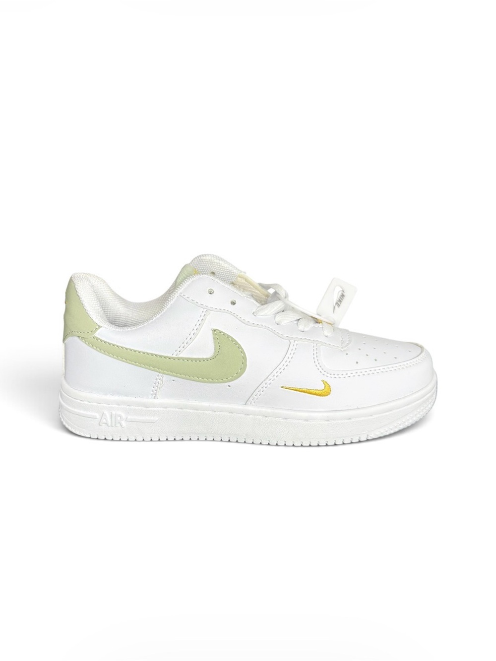 Nike Air Force 1 Low Top Kids White Sneakers with Light Green and Yellow Accents